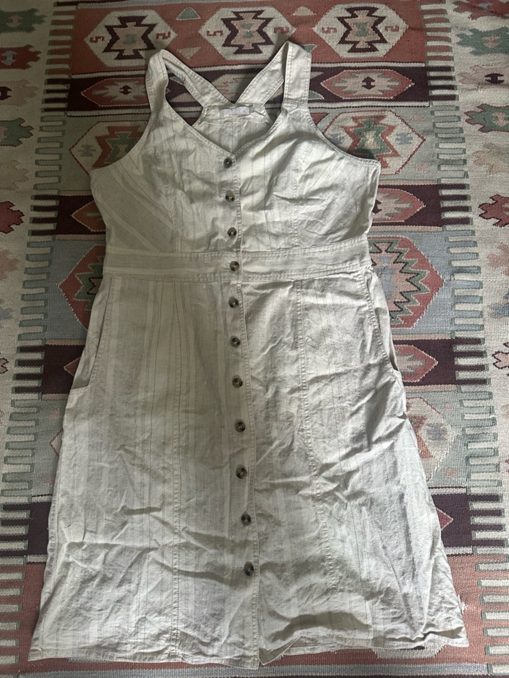 PrAna Button-Front Dress with Pockets in Ivory/Light Beige Size XL.